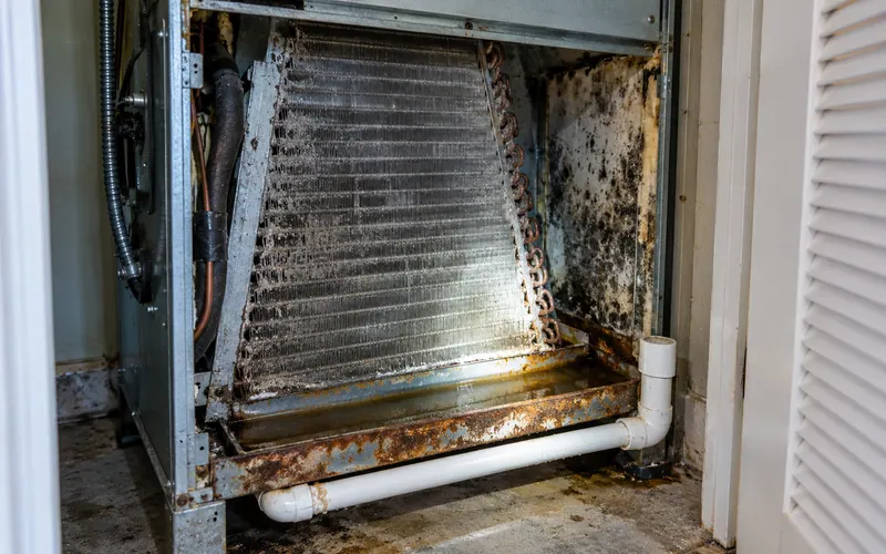 Open air handler cabinet in a utility closet showing a dusty evaporator coil, mold spots on the insulation lining and a rusty drain pan