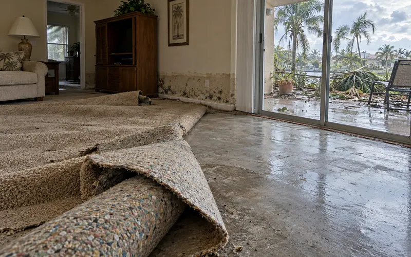 Living room after a tropical storm with wet carpet rolled back from a damp slab, a tide mark and early mold on the lower drywall, and storm debris outside the sliding door